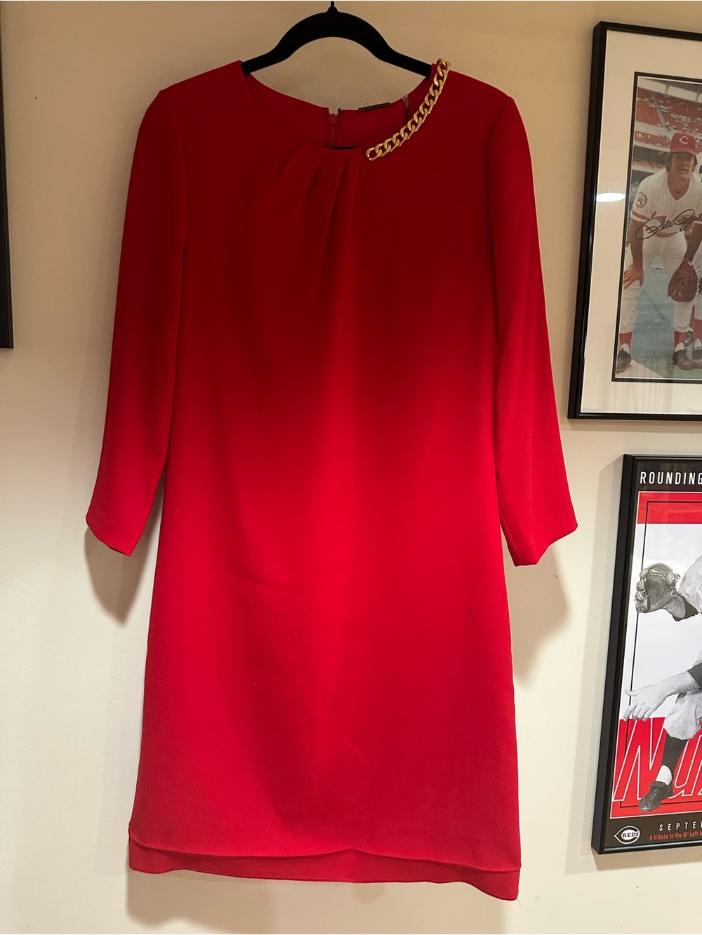 Elie Tahari Chain Trim Shift Dress Flame Red Gold Chain Size 6 NWT